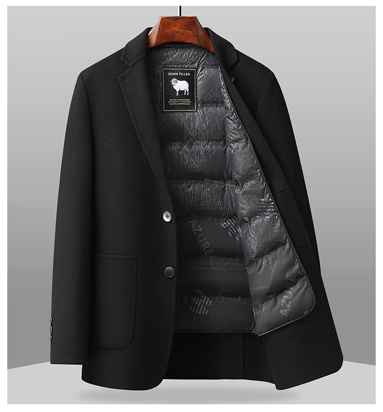 Front view of dark brown wool blazer partially open showing black quilted down lining and sheep logo tag