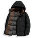 A black down puffer jacket with hood partially unzipped showing brown lining and Element brand label, featuring chest pocket and quilted design