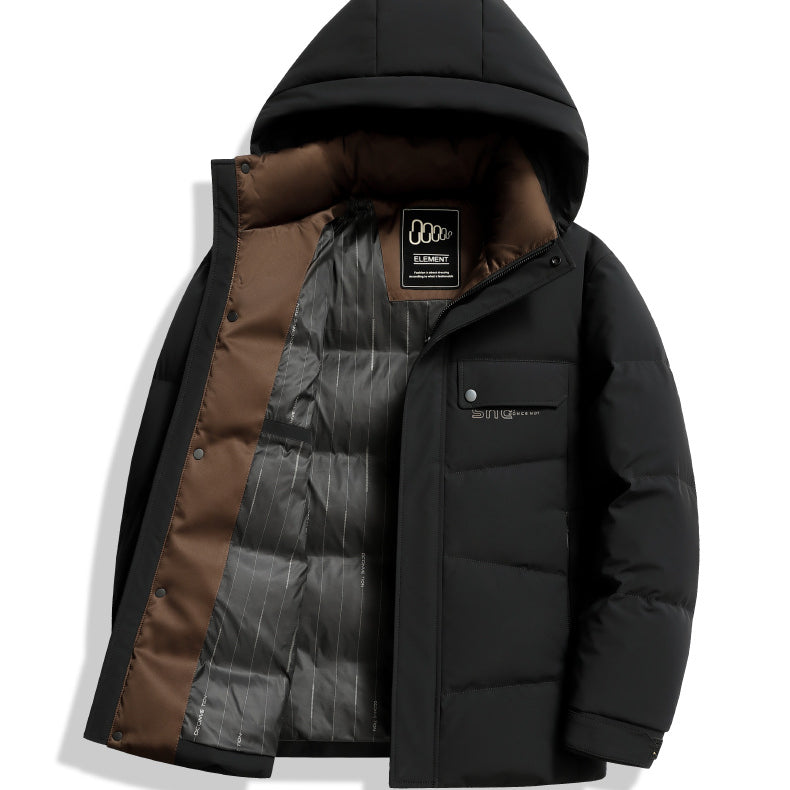 A black down puffer jacket with hood partially unzipped showing brown lining and Element brand label, featuring chest pocket and quilted design
