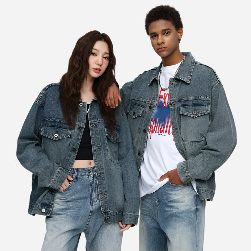 Chaqueta vaquera azul de lavado medio de gran tamaño