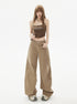 Front view, full-body shot of wide-leg khaki jeans with curved seams.