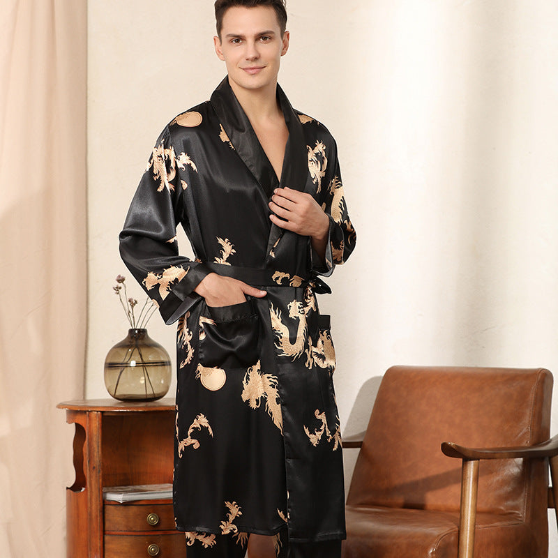 Men's Luxury Dragon Print Robe & Pants Set