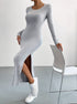 Form-fitting gray ribbed midi dress with high side slit and white sneakers, showcasing sleek silhouette