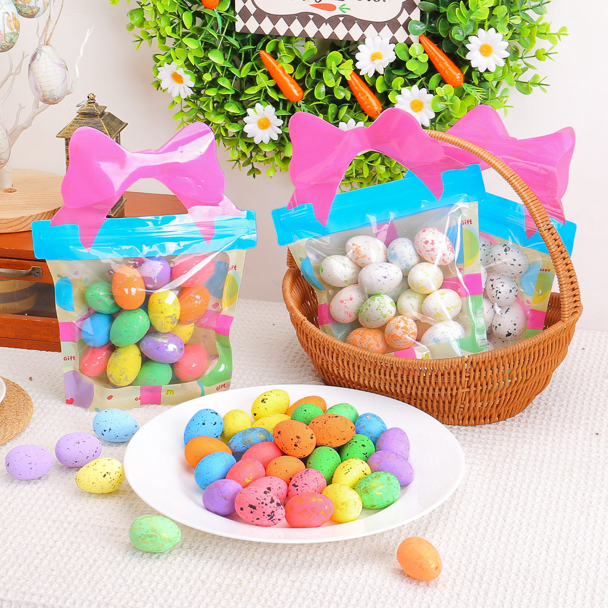 A wicker basket with pastel-colored speckled eggs in resealable bags, surrounded by Easter decorations and greenery.