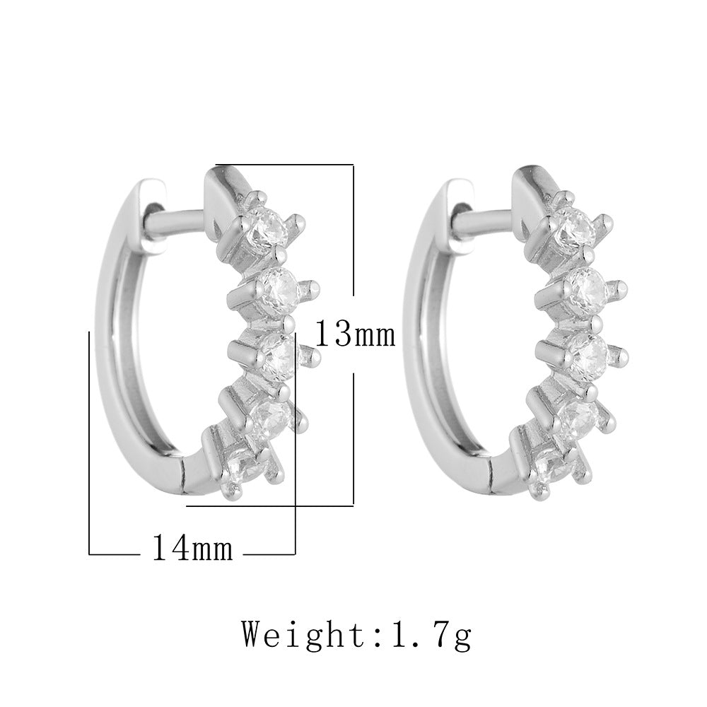Product diagram showing dimensions of 14mm x 13mm and weight of 1.7g for silver crystal hoops