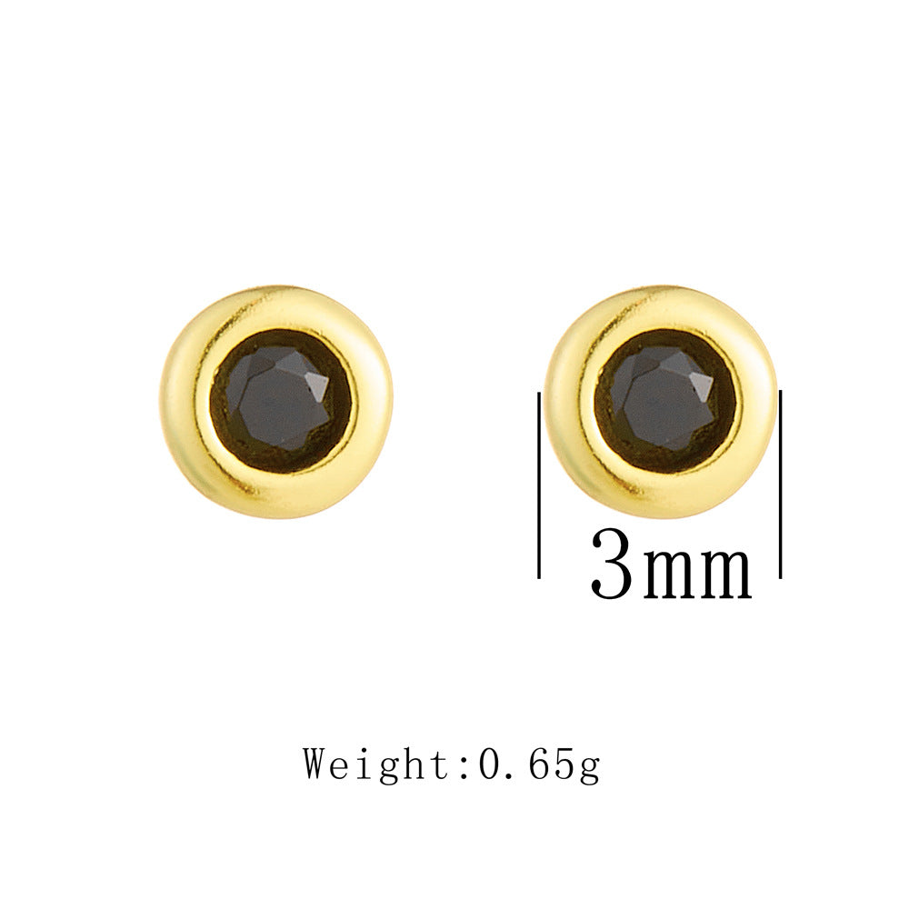 Product dimensions showing 3mm size and 0.65g weight of gold-plated black stone stud earrings