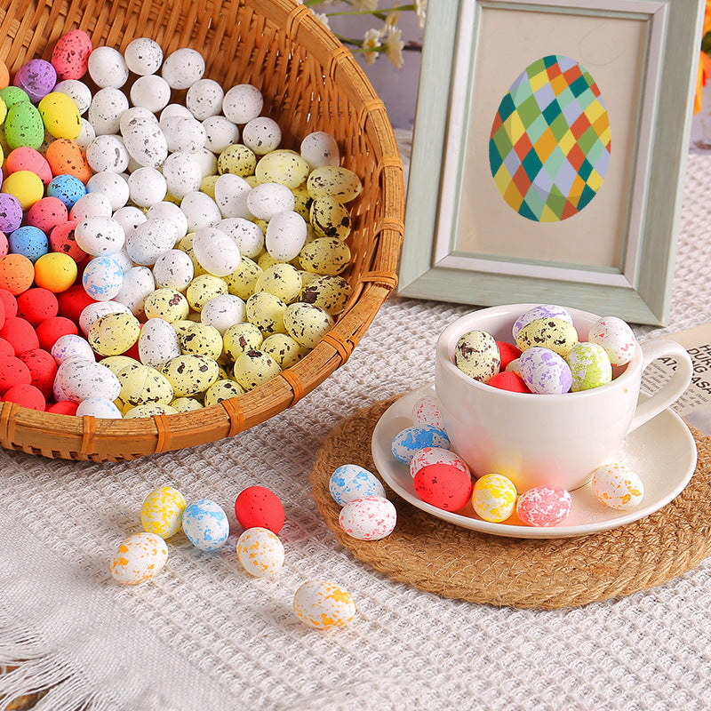 A wicker basket filled with colorful speckled mini eggs, with some eggs in a white teacup on a woven coaster.