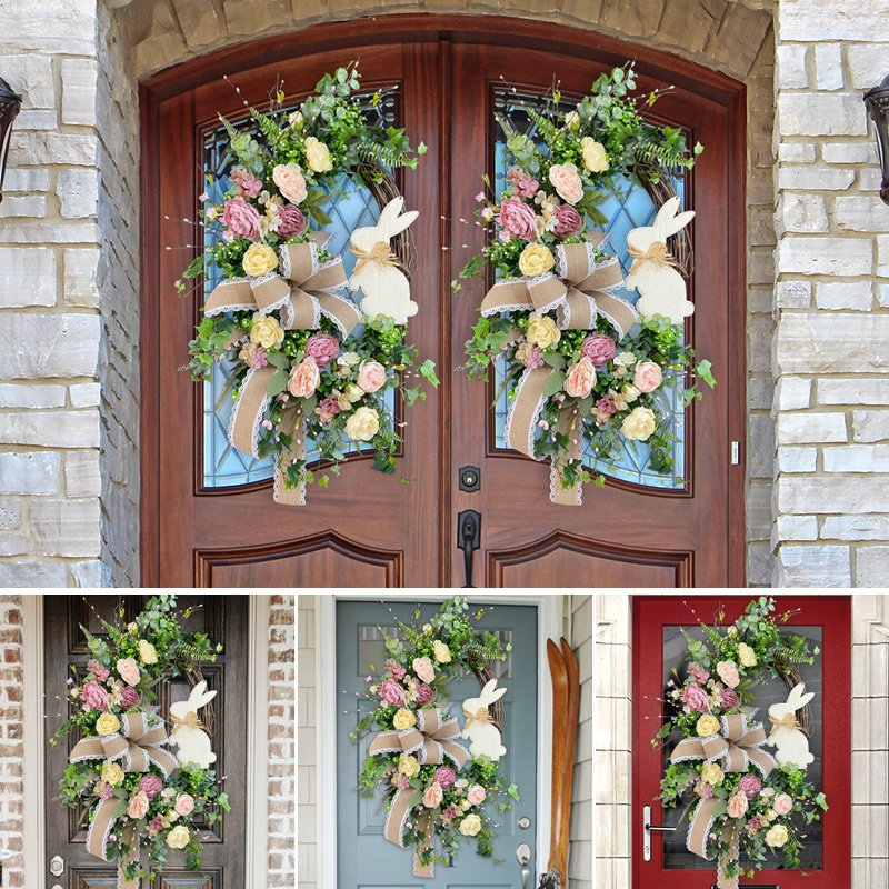  Pair of symmetrical Easter wreaths with burlap bows, pastel flowers, and wooden bunny accents, hanging on double wooden doors.