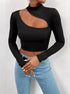 Side view of black long-sleeve crop top with asymmetrical cutout, showing ribbed texture