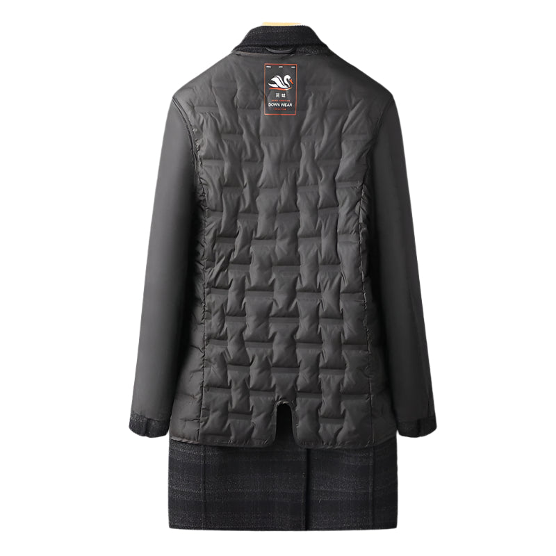 Back view of the overcoat with an attached quilted down liner