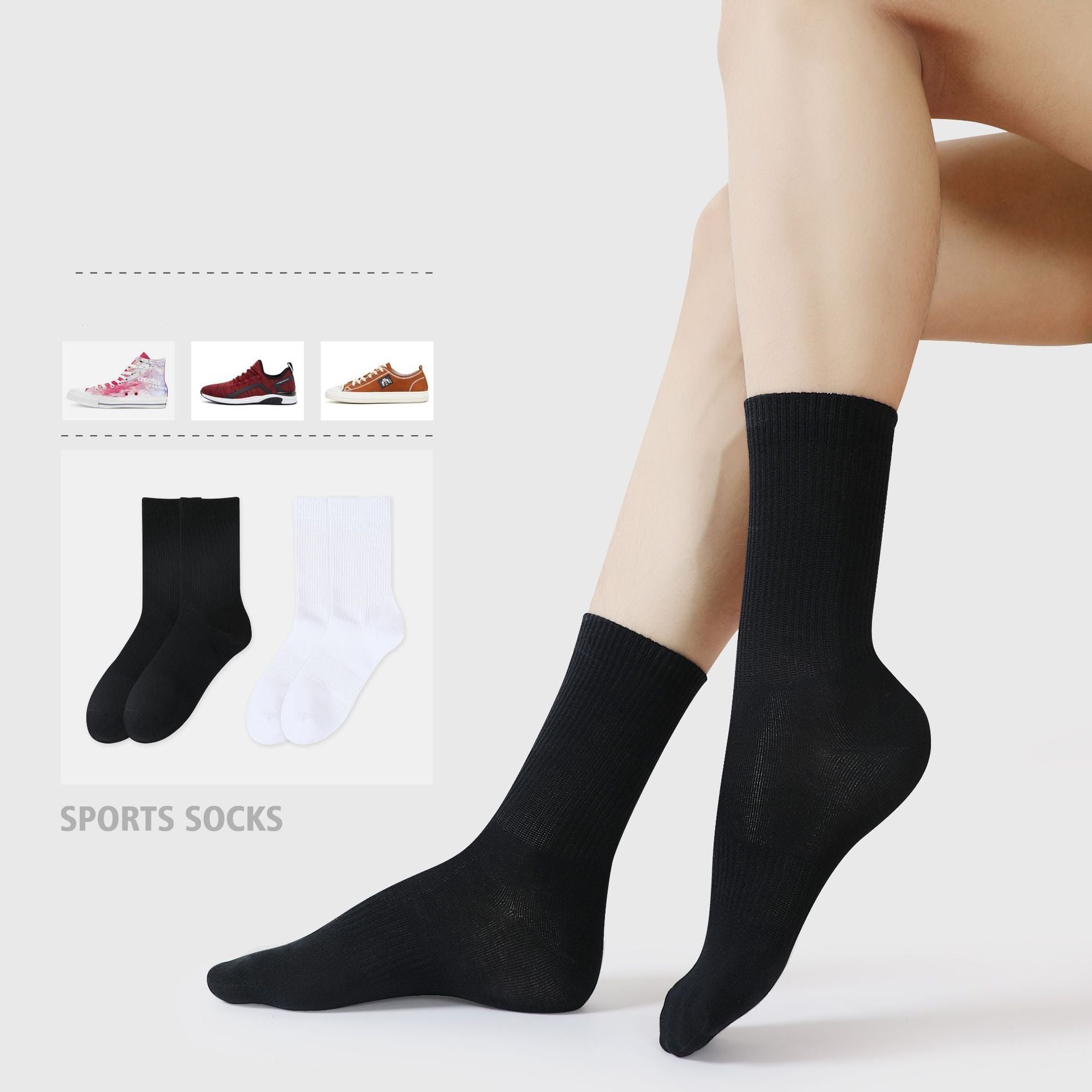 A model wearing black ribbed crew sports socks. Product display shows black and white sock options with three shoe styles above