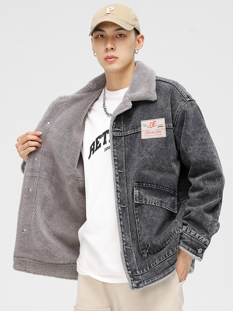 Model showing gray sherpa-lined denim jacket with RETRO shirt, beige cap and cream pants. Features OP Sailor's Shop patch