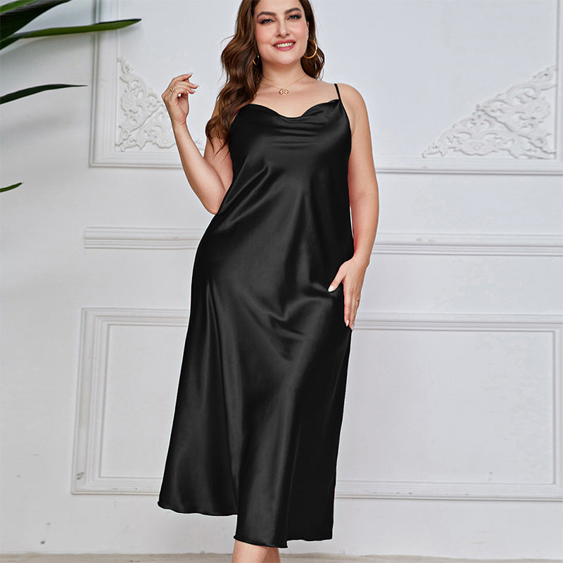 Plus-Size Satin-Feel Long Dress with V-Neck and Sleeveless Design