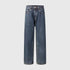 Full-length view of dark wash wide-leg jeans with classic pocket detailing and straight silhouette on white background