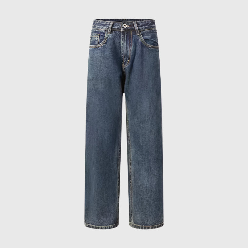 Full-length view of dark wash wide-leg jeans with classic pocket detailing and straight silhouette on white background