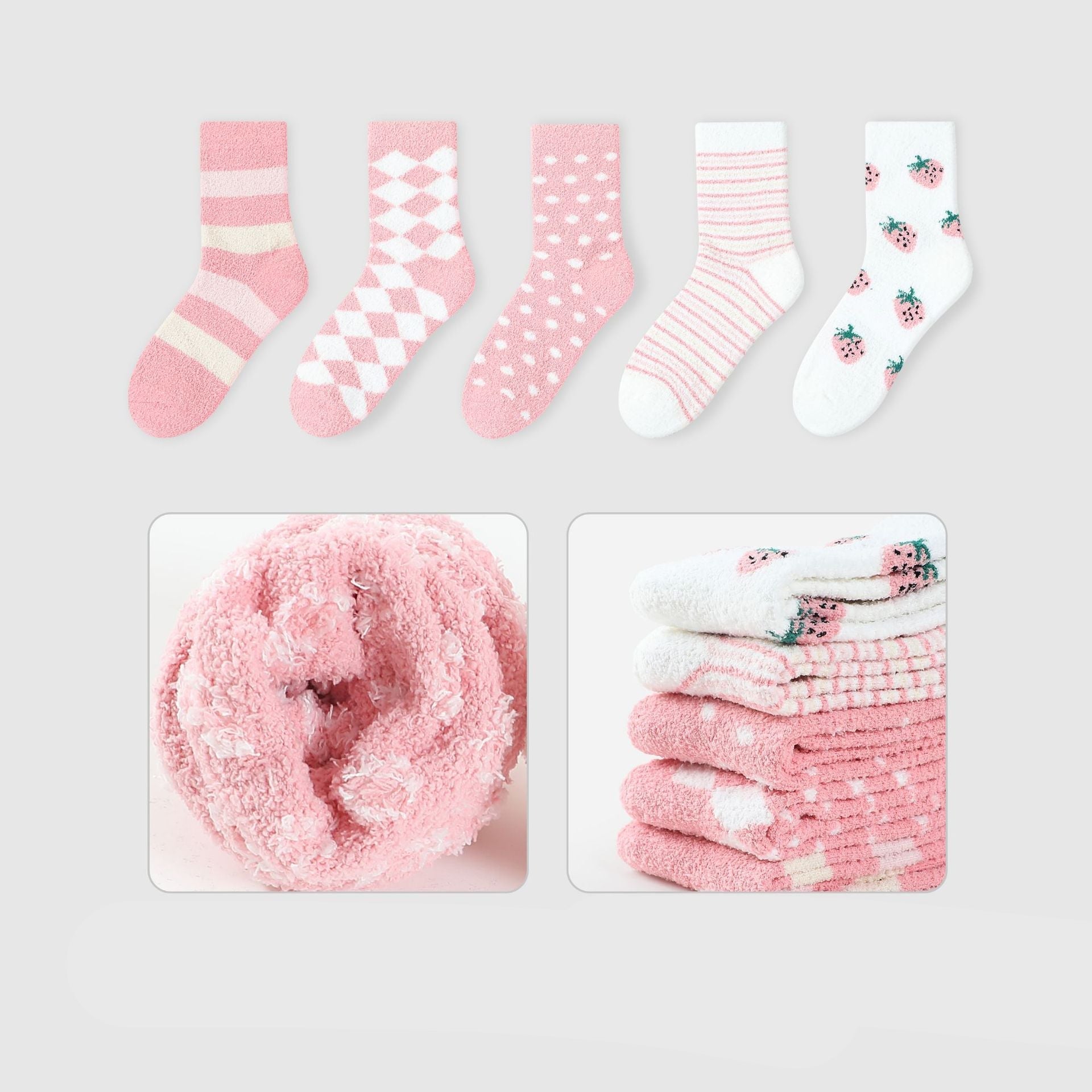 Product layout showing five sock designs - striped, argyle, polka dot, pink stripe and strawberry print - with texture close-ups below