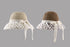Two straw sun hats in beige and brown with floral lace trim and ribbon ties, side by side on a gray background.