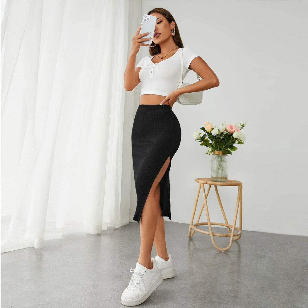 Minimalist High-Slit Black Midi Skirt