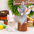White and gray Easter gnome plush toys, with pink inner ears, posed on a wooden block against a festive "Home Sweet Home" sign.