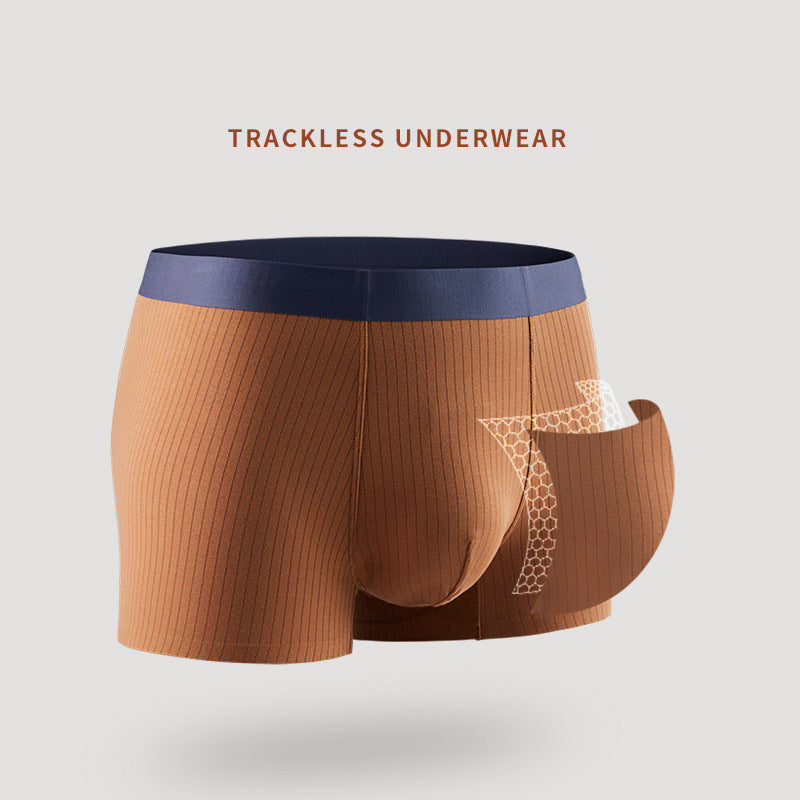 Brown trackless underwear with blue waistband on a light gray background