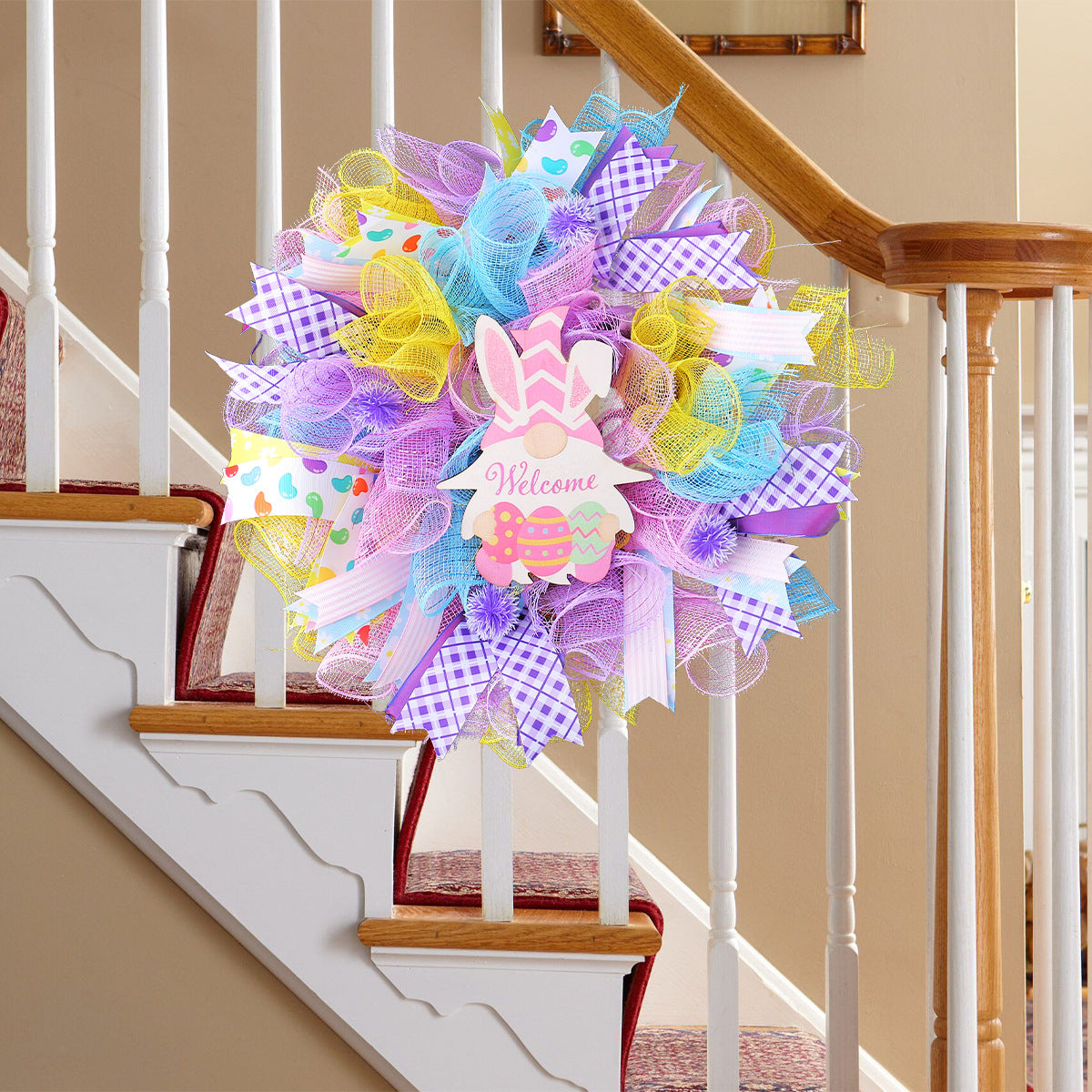 Festive Easter wreath with a "Welcome" bunny sign hanging on a staircase railing, bright and cheerful.