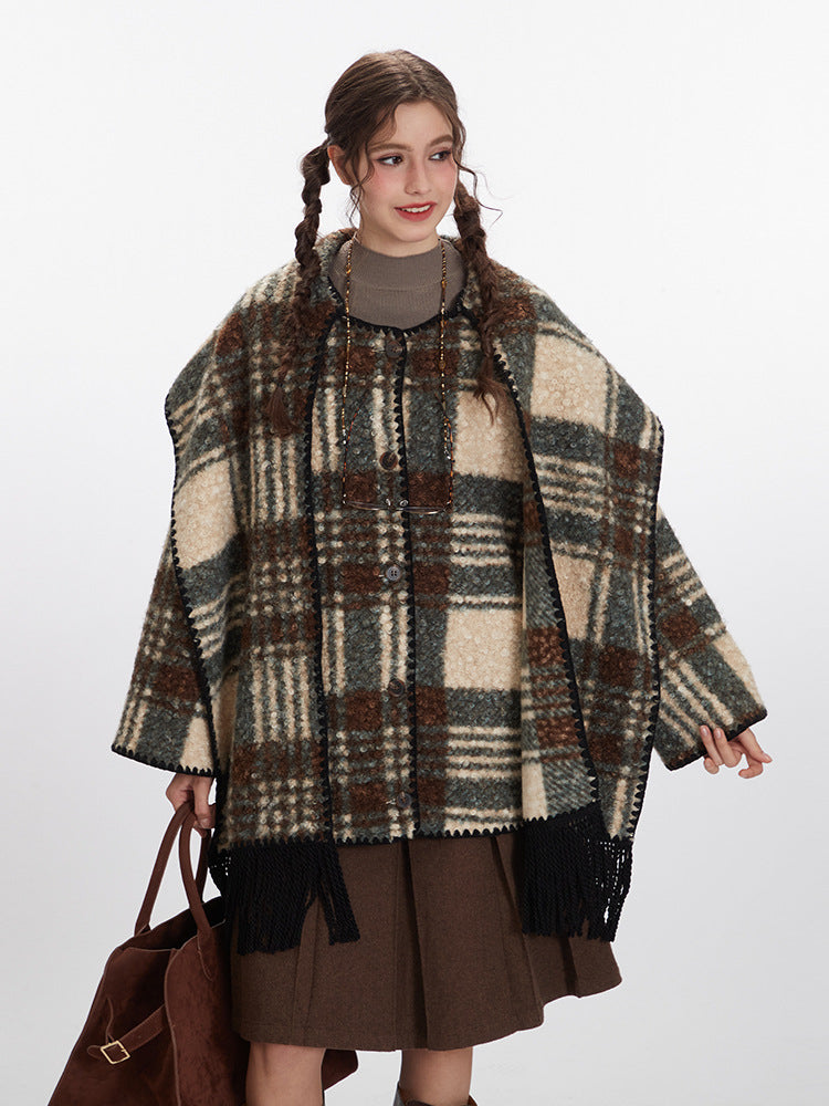 Plaid Pattern Mid-Length Coat with Scarf Collar