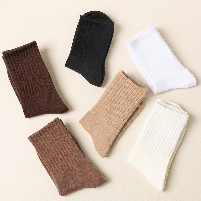 Four ribbed crew socks in brown, black, white, and beige arranged on a cream background showing full-length view