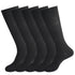 Five pairs of black dress socks with ribbed cuffs displayed against white background
