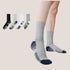 Gray breathable sport socks with navy heel and stripe details, shown on model with comfort cushioning design