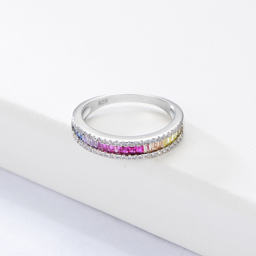 Rainbow Cubic Zirconia Channel Sterling Silver Ring