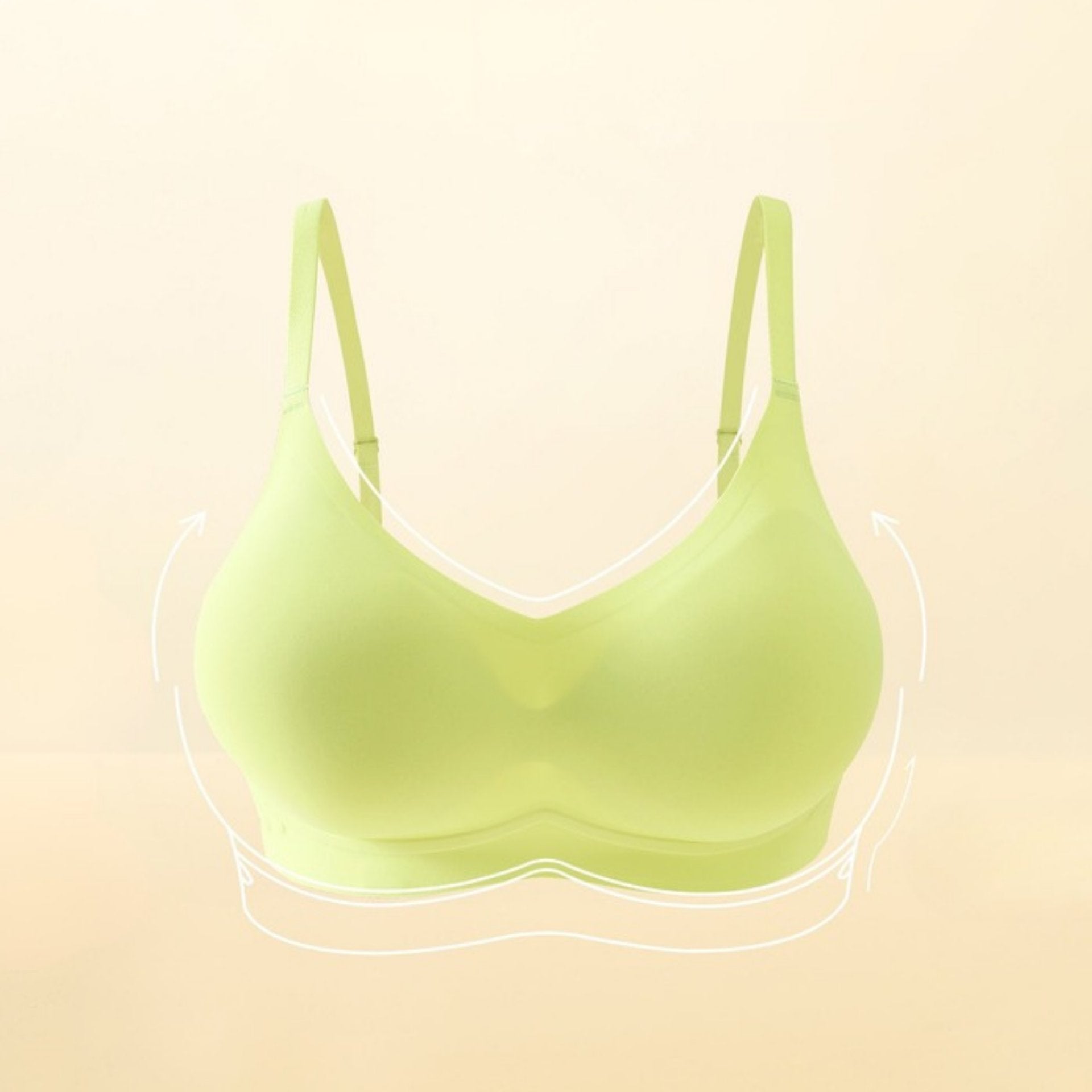 Summer green seamless bra with soft W-shaped support and breathable fabric.
