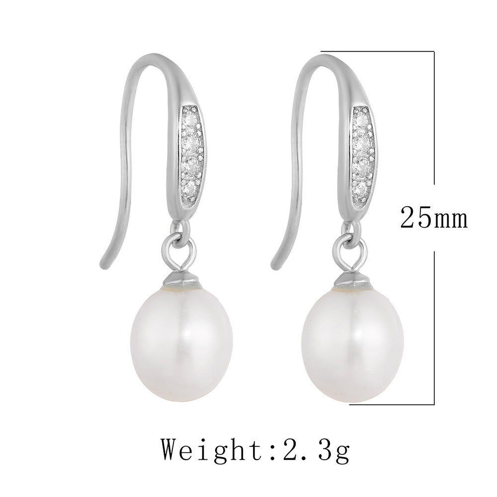 Product diagram showing 25mm length and 2.3g weight of silver pearl drop earrings