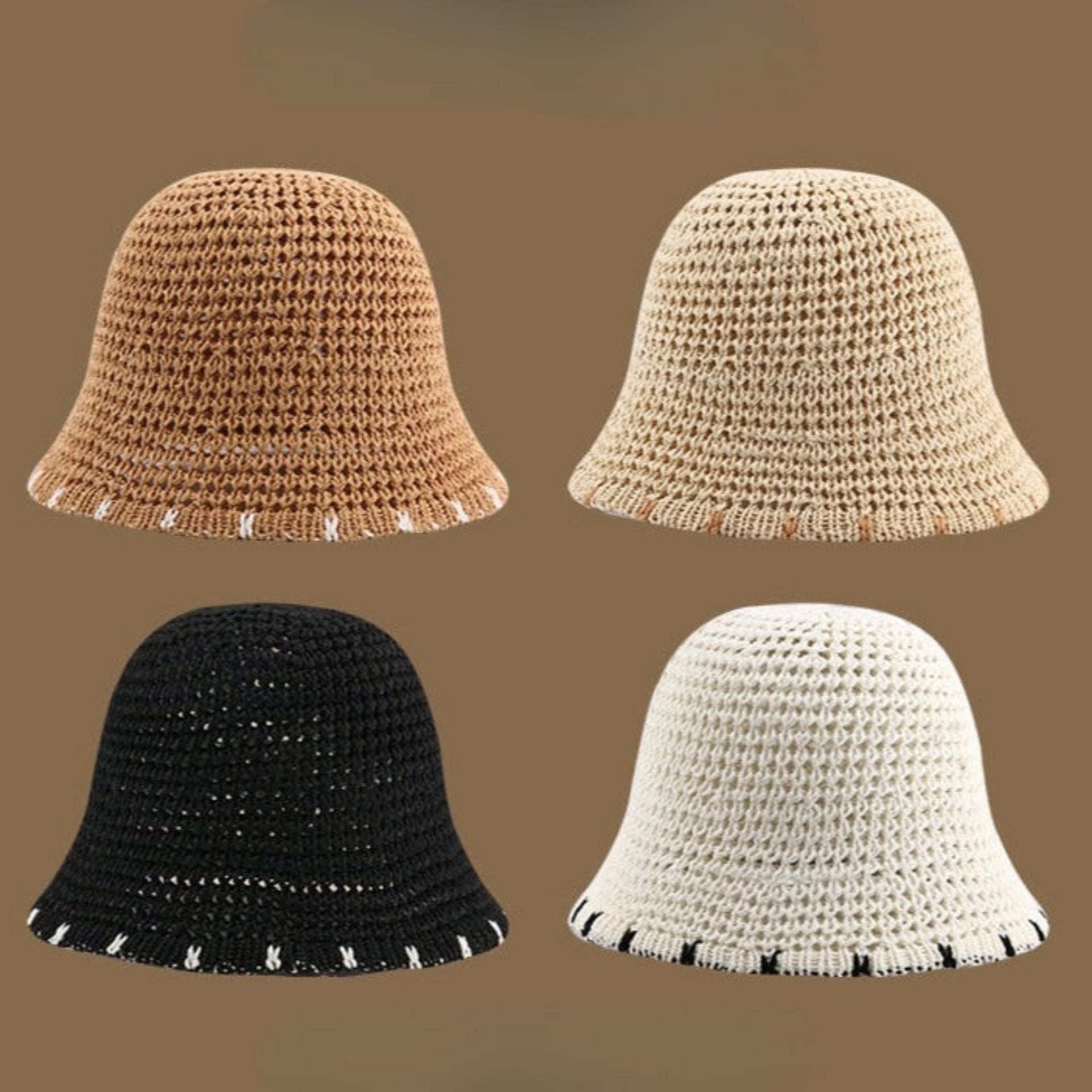 A set of four straw bucket hats in khaki, beige, white, and black, each with subtle contrast trim for a stylish summer look.