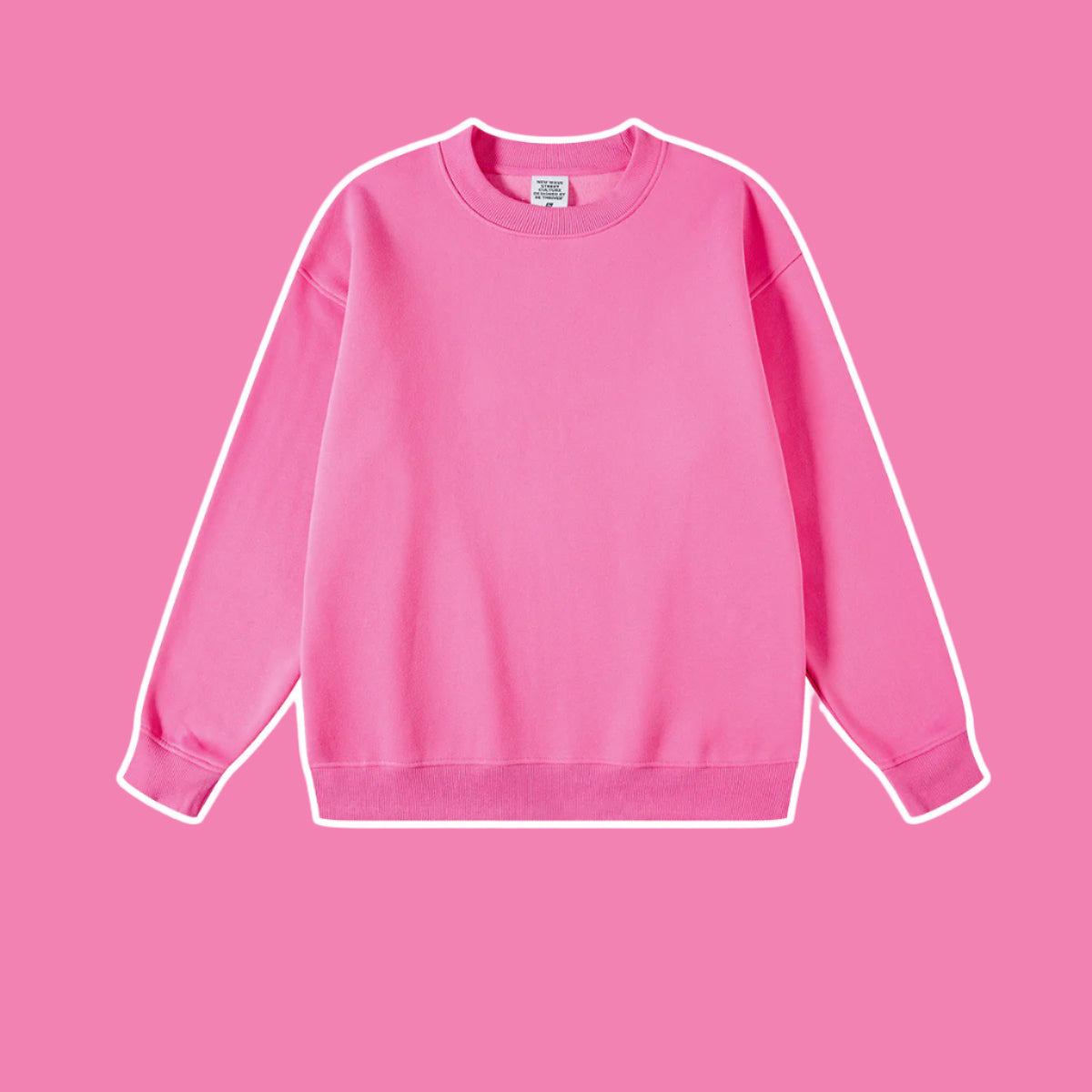 Bright pink crewneck sweatshirt with ribbed collar and cuffs on matching pink background
