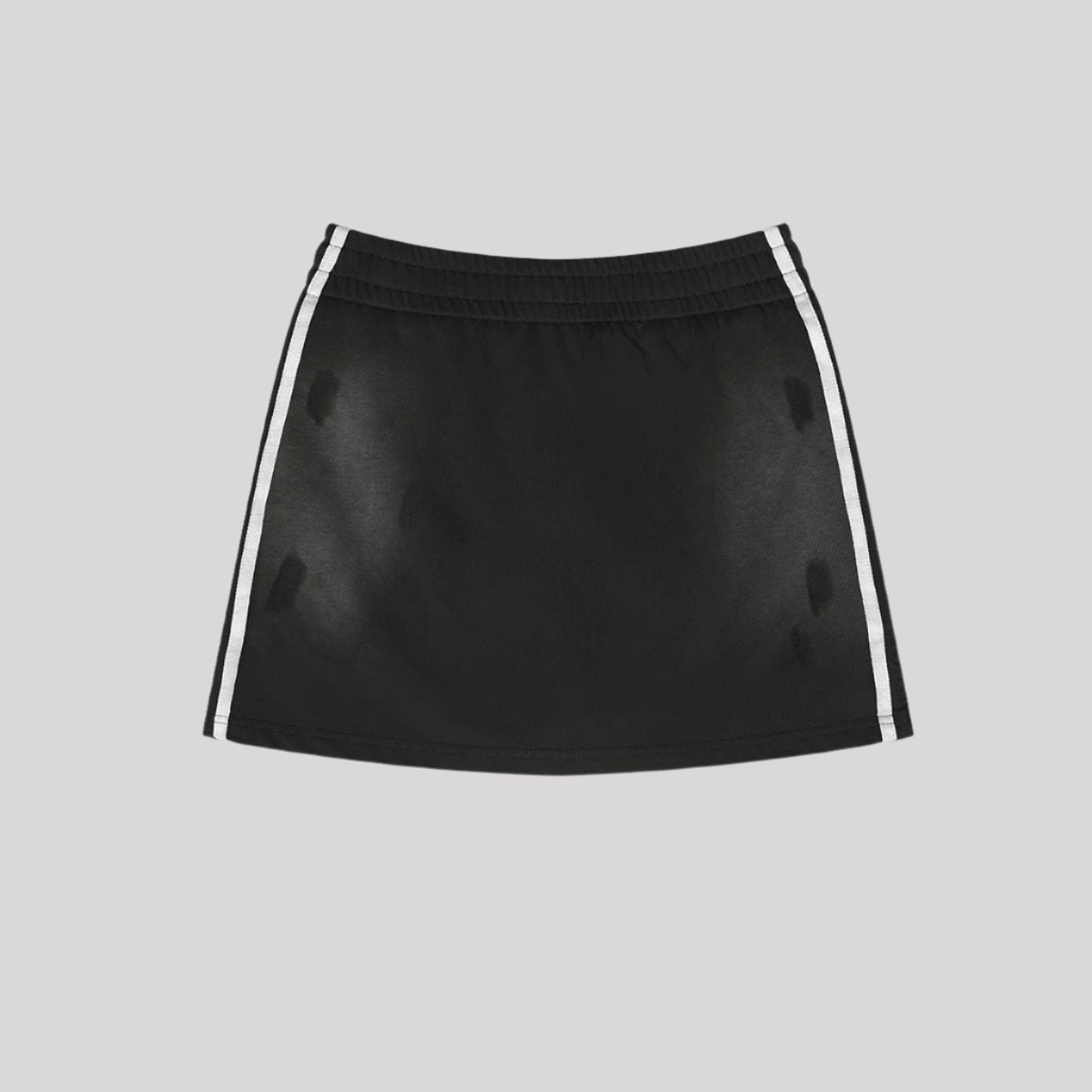 Black mini skirt with white side stripes and elastic waistband displayed flat against light gray background