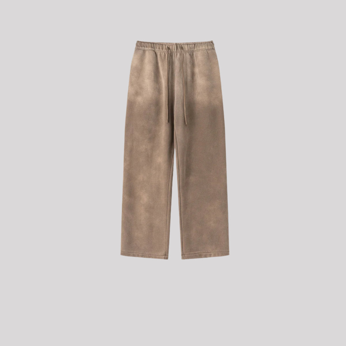 Taupe wide-leg sweatpants with elastic waistband and relaxed fit shown against light gray background