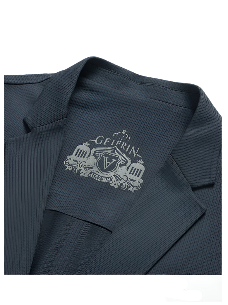 Close-up of navy blazer's textured fabric showing detailed waffle-weave pattern characteristic of GFJFRIN suits