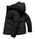 A black quilted down puffer coat shown from side angle with puffy hooded silhouette, featuring utility pocket detail and brand logo on sleeve