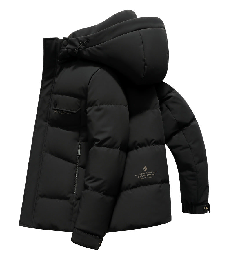 A black quilted down puffer coat shown from side angle with puffy hooded silhouette, featuring utility pocket detail and brand logo on sleeve