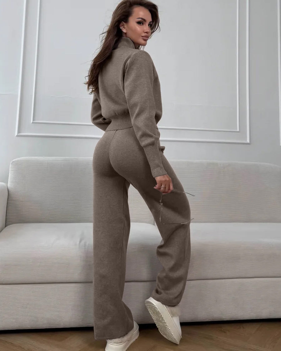 Women’s Knit 2 Piece Set – Drawstring Wide Leg Pants with Zip Jacket Top