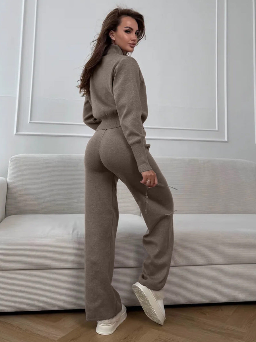 Women’s Knit 2 Piece Set – Drawstring Wide Leg Pants with Zip Jacket Top