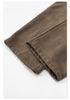 Detail of taupe sweatpants hem with rolled cuff stitching at ankle