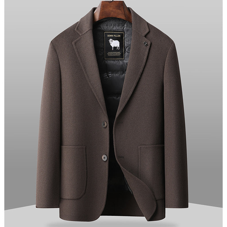 Dark brown wool blazer with open front displaying black quilted down lining and DOWN FILLER sheep logo tag