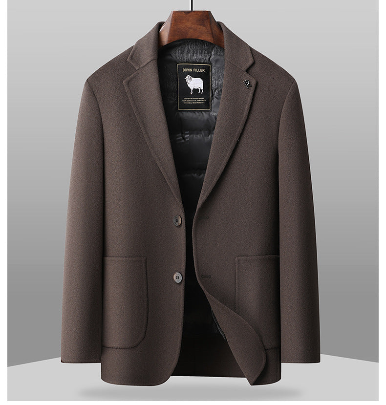 Dark brown wool blazer with open front displaying black quilted down lining and DOWN FILLER sheep logo tag