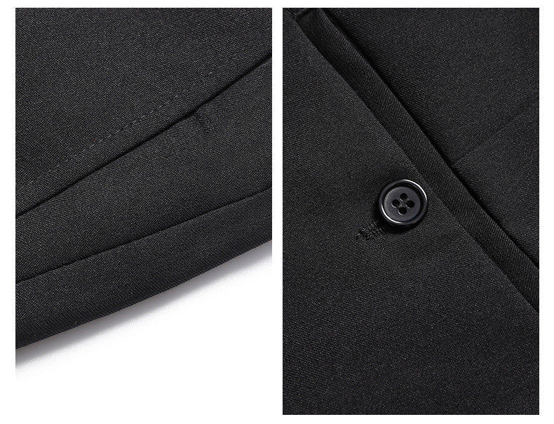 Detail shots of suit construction showing seam finishing and button attachment quality