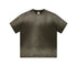 Olive green cotton t-shirt with crew neck and short sleeves displayed against light gray background