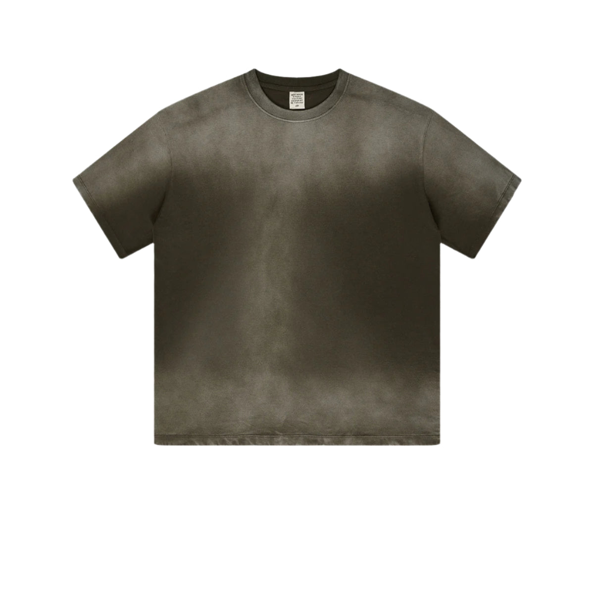 Olive green oversized t-shirt with subtle gradient effect and brand tag displayed against white background