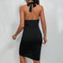 Back view of black halter dress with tie neck detail and fitted silhouette