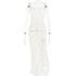 White lace wedding dress on a mannequin with transparent arms, displayed against a white background