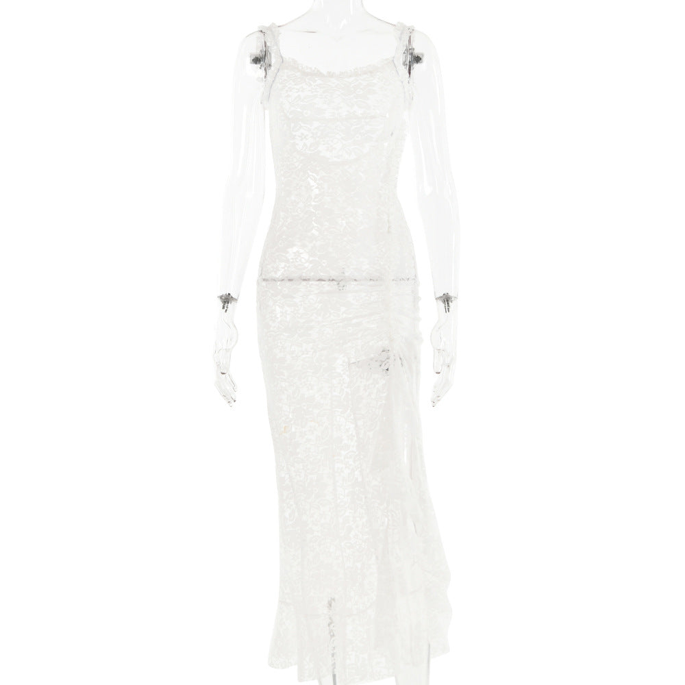 White lace wedding dress on a mannequin with transparent arms, displayed against a white background